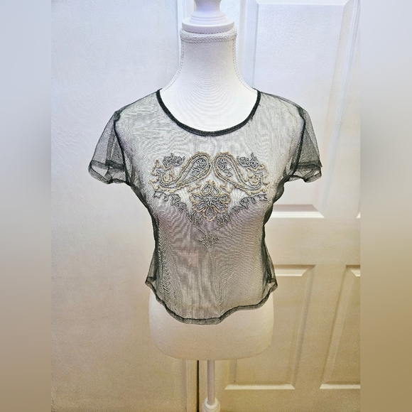 Magical Vintage NATAYA Gray Mesh Beaded Crop Blouse Top S - Picture 2 of 8